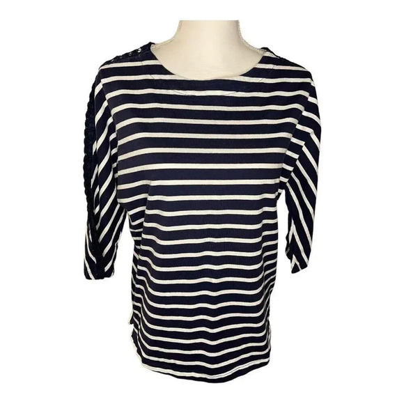 IZOD Women’s Large Blue &‎ White Striped Crewneck Top With Lace Sleeve Detail - Picture 1 of 4